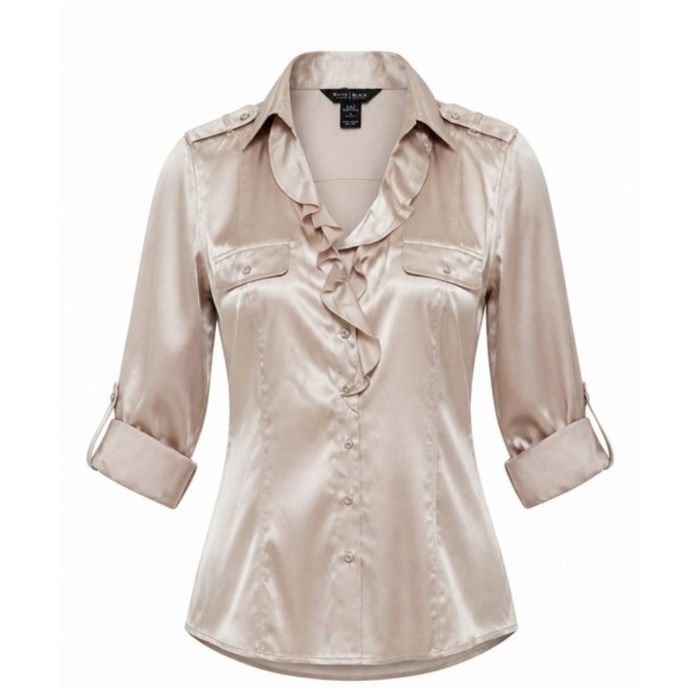 Y2K‎ White House Black Market Silk Stretch Ruffle Blouse Champagne Beige Size 2